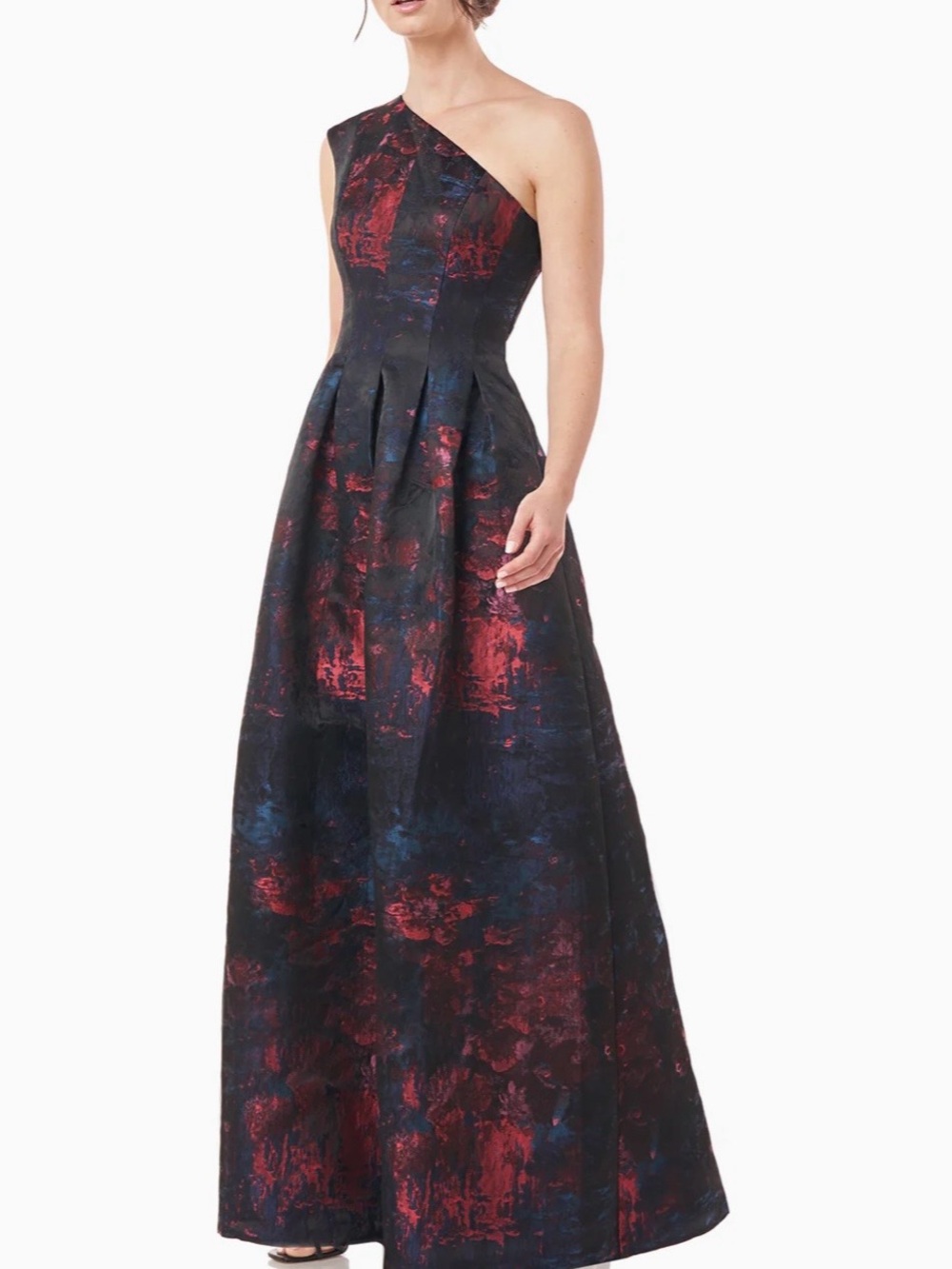 Kay Unger One-Shoulder Floral-Texture Ball Gown in Black, Red & Blue